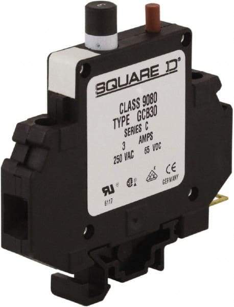 Square D - 3 Amp, 250 VAC, 65 VDC, 1 Pole, DIN Rail Mount Circuit Protector - Thermal Magnetic Trip, 16-10 AWG, 64mm Deep x 80mm High x - Makers Industrial Supply