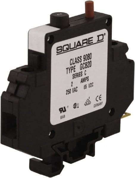 Square D - 2 Amp, 250 VAC, 65 VDC, 1 Pole, DIN Rail Mount Circuit Protector - Thermal Magnetic Trip, 16-10 AWG, 64mm Deep x 80mm High x - Makers Industrial Supply