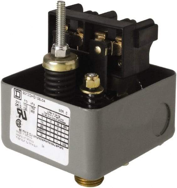 Square D - 1 NEMA Rated, DPST, 110 to 125 psig, Vacuum Switch Pressure and Level Switch - Adjustable Pressure, 575 VAC, 0.13 Inch NPSF Connector, Screw Terminal, For Use with Air Compressors, Electrically Driven Water Pumps - Makers Industrial Supply