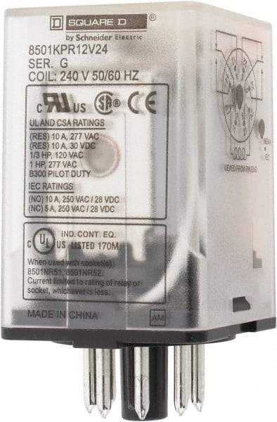 Square D - 8 Pins, 1 hp at 277 Volt & 1/3 hp at 120 Volt, 3 VA Power Rating, Octal Electromechanical Plug-in General Purpose Relay - 10 Amp at 250 VAC, DPDT, 240 VAC at 50/60 Hz, 34.9mm Wide x 50.3mm High x 35.4mm Deep - Makers Industrial Supply