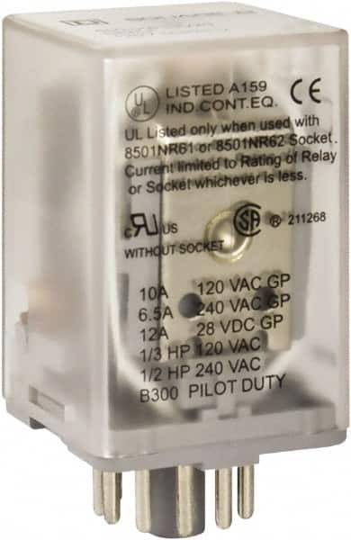 Square D - 8 Pins, 1 hp at 277 Volt & 1/3 hp at 120 Volt, 3 VA Power Rating, Octal Electromechanical Plug-in General Purpose Relay - 10 Amp at 250 VAC, DPDT, 48 VDC, 34.9mm Wide x 50.3mm High x 35.4mm Deep - Makers Industrial Supply