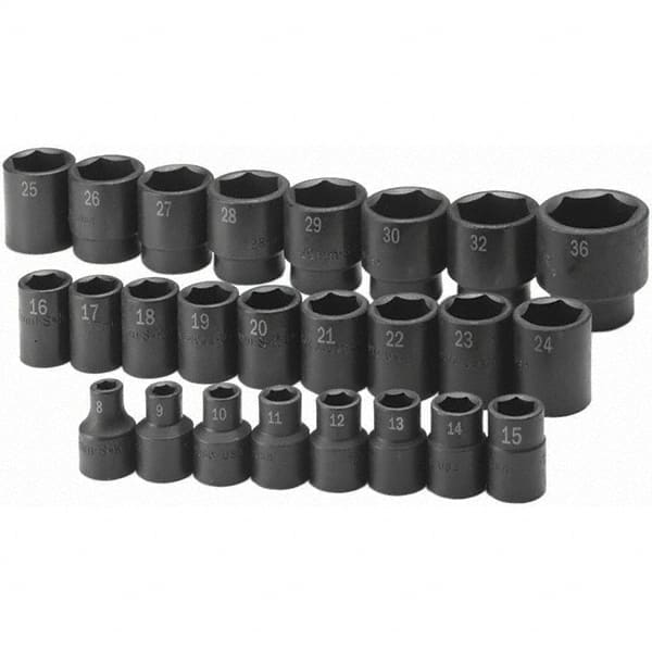 SK - 1/2" Drive Standard Impact Socket Set - 8 to 36mm, Metric Measurement Standard - Makers Industrial Supply