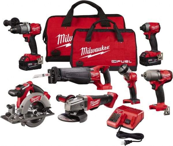 Milwaukee Tool - 18 Volt Cordless Tool Combination Kit - Includes Hammer Drill, Impact Driver, Reciprocating Saw, Circular Saw, Grinder, Work Light & 1/2" Impact Wrench, Lithium-Ion Battery Included - Makers Industrial Supply