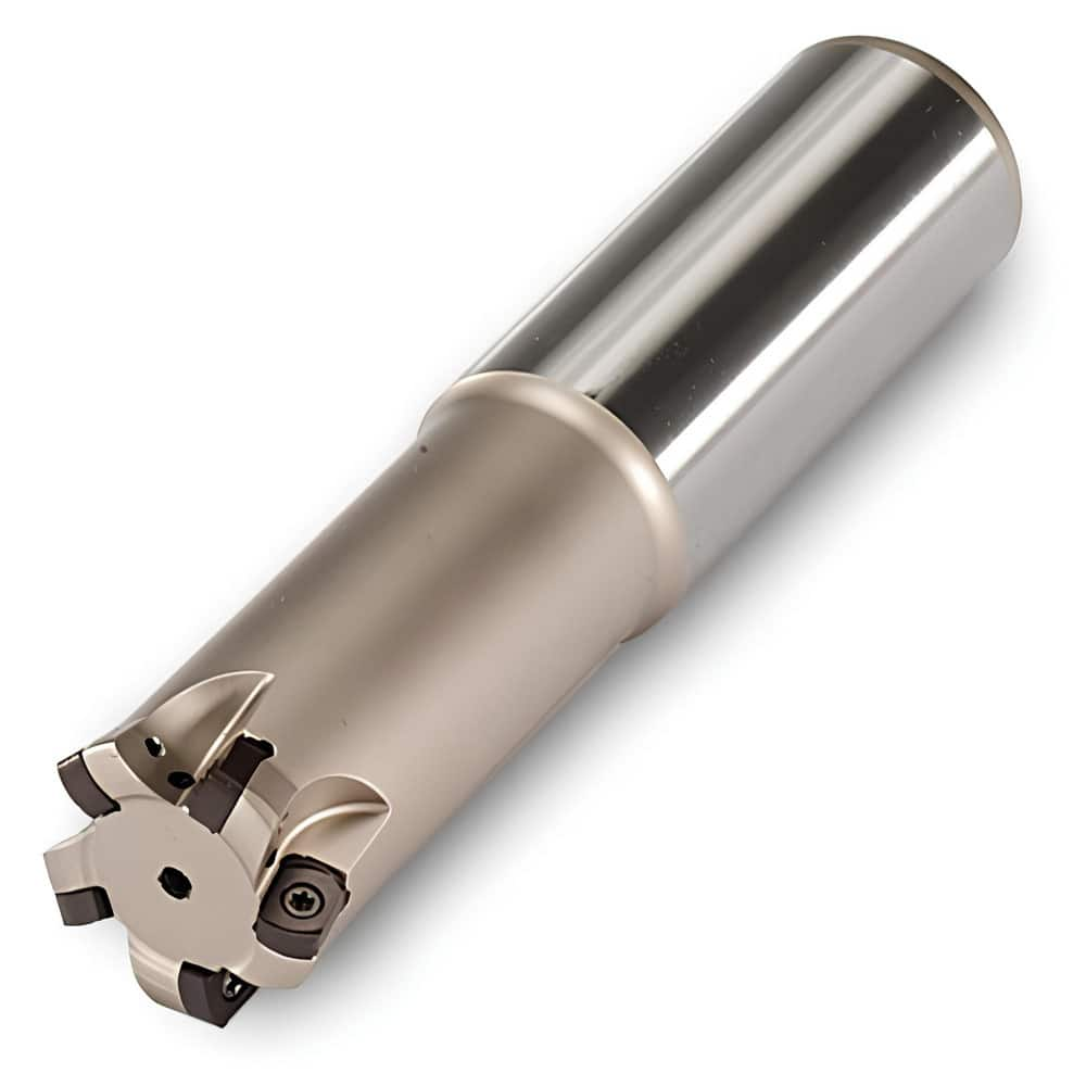 Indexable High-Feed End Mill: 5/8″ Cut Dia, 5/8″ Cylindrical Shank Uses 2 UNLU Inserts, 0.028″ Max Depth, 4″ OAL, Through Coolant