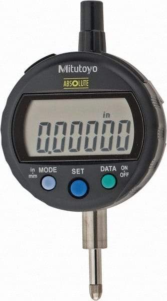 Mitutoyo - 0 to 12.7mm Range, 0.00005" Graduation, Electronic Drop Indicator - Flat Back, Accurate to 0.0001", English & Metric System, LCD Display - Makers Industrial Supply