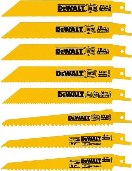 DeWALT - 8 Pieces, 4" to 6" Long x 0.04" Thickness, Bi-Metal Reciprocating Saw Blade Set - Straight Profile, 4 to 24 Teeth, Toothed Edge - Makers Industrial Supply