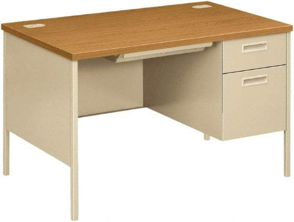 Hon - Laminate/Metal Right Pedestal Desk with Center Drawer - 48" Wide x 30" Deep x 29" High, Harvest/Putty - Makers Industrial Supply