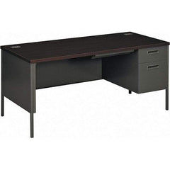 Hon - Plastic Laminated Top Single Pedestal with Right Hand Return Desk with Center Drawer - 66" Wide x 30" Deep x 29-1/2" High, Mahogany/Charcoal - Makers Industrial Supply