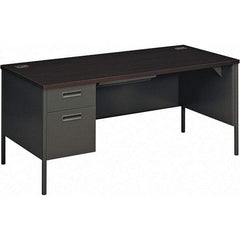 Hon - Plastic Laminated Top Single Pedestal Desk with Center Drawer - 66" Wide x 30" Deep x 29-1/2" High, Mahogany/Charcoal - Makers Industrial Supply