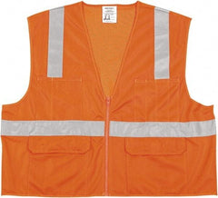 MCR Safety - Size XL High Visibility Orange Mesh/Solid General Purpose Vest - 25.4" Chest, ANSI 107-2015, Nonconductive Zipper Closure, 6 Pockets, Polyester - Makers Industrial Supply