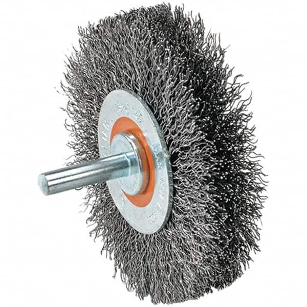 WALTER Surface Technologies - 2" OD, 1/4" Shank Diam, Crimped Stainless Steel Wheel Brush - 5/8" Face Width, 0.0118" Filament Diam, 25,000 RPM - Makers Industrial Supply