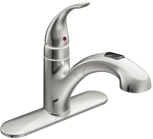 Moen - 3 Hole Mount, Low Arc Commercial Faucet - One Handle, Pull Lever Handle, Pullout Spout, No Drain - Makers Industrial Supply