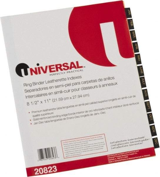 UNIVERSAL - 8-1/2 x 11" Jan to Dec Label, 12 Tabs, Single Side Gold Mylar Reinforced Binding Edge, Simulated Leather Prepinted Tab Dividers, Gold Print - Black/Gold Tabs, Buff Folder - Makers Industrial Supply