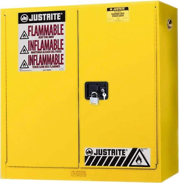 Justrite - 2 Door, 3 Shelf, Yellow Steel Wall Mount Safety Cabinet for Flammable and Combustible Liquids - 44" High x 43" Wide x 12" Deep, Manual Closing Door, 20 Gal Capacity - Makers Industrial Supply