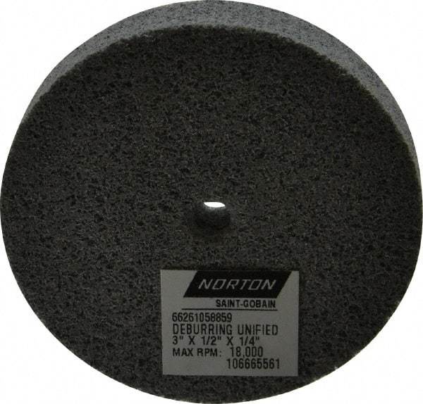 Norton - 3" Diam, 1/2" Face Width, 1/4" Center Hole, Very Fine Grade, Silicon Carbide Deburring Wheel - Unitized, Medium Grade, 18,000 RPM - Makers Industrial Supply