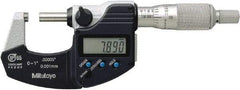 Mitutoyo - 0.0001 Inch Resolution, Standard Throat, Electronic Outside Micrometer - Includes Stand - Makers Industrial Supply