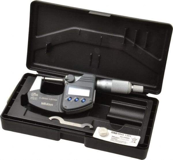 Mitutoyo - 0 to 25 mm Range, 0.001 mm Resolution, Standard Throat, IP65 Electronic Outside Micrometer - 0.001 Inch Accuracy, Ratchet Stop Thimble, Carbide Face, SR44 Battery, Data Output, Plastic Case, Includes NIST Traceable Certification of Inspection - Makers Industrial Supply