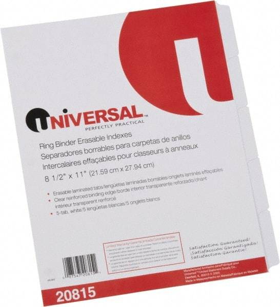 UNIVERSAL - 8-1/2 x 11" 5 Tabs, Clear Reinforced Binder Holes, Write on Erasable Tab Indexes - White - Makers Industrial Supply