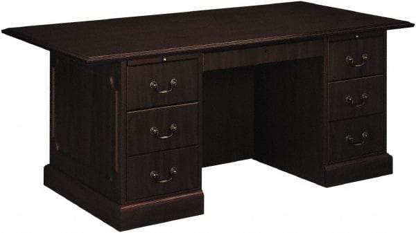 Hon - High Pressure Laminate Double Pedestal Desk with Center Drawer - 72" Wide x 36" Deep x 29-1/2" High, Mahogany - Makers Industrial Supply