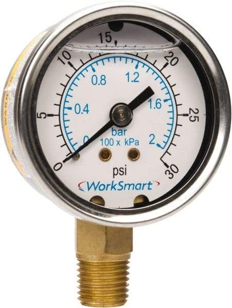 Value Collection - 2" Dial, 1/4 Thread, 0-30 Scale Range, Pressure Gauge - Lower Connection Mount, Accurate to 3-2-3% of Scale - Makers Industrial Supply