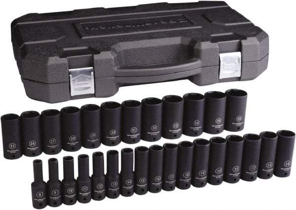 GearWrench - 29 Piece 1/2" Drive Black Finish Deep Well Impact Socket Set - 6 Points, 8mm to 36mm Range, Metric Measurement Standard - Makers Industrial Supply