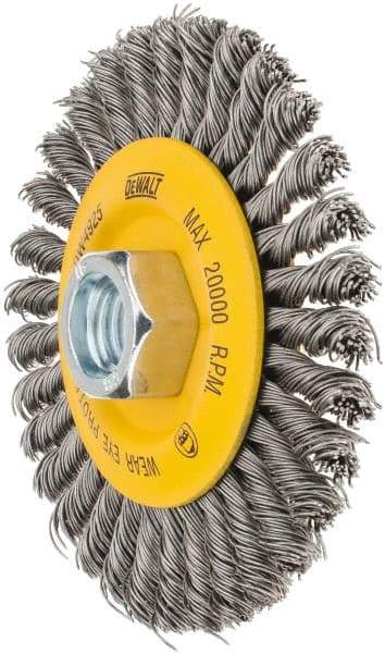 DeWALT - 4" OD, 5/8-11 Arbor Hole, Stringer Bead Steel Wheel Brush - 3/8" Face Width, 7/8" Trim Length, 0.02" Filament Diam, 20,000 RPM - Makers Industrial Supply