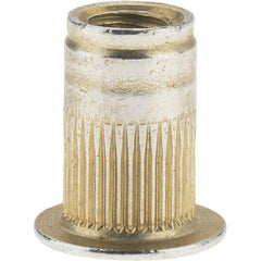 Value Collection - #8-32, 0.265 Insert Diam, 0.42" OAL, Knurled Body Open End Threaded Insert - 0.2656" Hole Diam, 0.39" Head Diam, 1008/1010 Steel, Clear Protective Coating & Zinc Yellow Dichromate Finish - Makers Industrial Supply