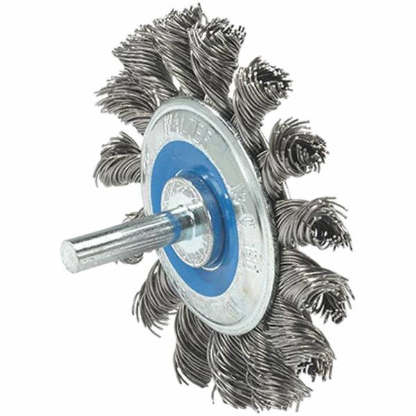 WALTER Surface Technologies - 2-3/4" OD, 1/4" Shank Diam, Knotted Stainless Steel Wheel Brush - 3/8" Face Width, 0.02" Filament Diam, 20,000 RPM - Makers Industrial Supply