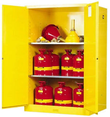 Justrite - 2 Door, 2 Shelf, Yellow Steel Standard Safety Cabinet for Flammable and Combustible Liquids - 65" High x 43" Wide x 34" Deep, Manual Closing Door, 3 Point Key Lock, 90 Gal Capacity - Makers Industrial Supply