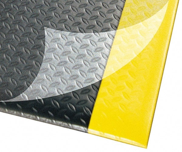 Anti-Fatigue Mat: 720″ Length, 48″ Wide, 1/2″ Thick, Vinyl, Beveled Edge, Medium-Duty Diamond Plate, Black & Yellow, Dry