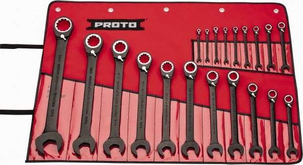 Proto - 20 Piece, 7/32" to 1-1/2", 12 Point Combination Wrench Set - Inch Measurement Standard, Black/Chrome Finish, Comes in Pouch - Makers Industrial Supply