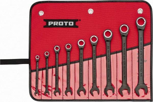 Proto - 9 Piece, 1/4" to 3/4", Ratcheting Combination Wrench Set - 12 Point, Black/Chrome Finish, Comes in Pouch - Makers Industrial Supply