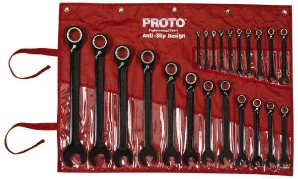 Proto - 22 Piece, 6mm to 36mm, 12 Point Combination Wrench Set - Metric Measurement Standard, Black/Chrome Finish, Comes in Pouch - Makers Industrial Supply