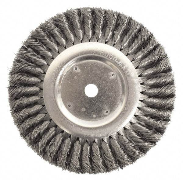 Weiler - 10" OD, 3/4" Arbor Hole, Knotted Steel Wheel Brush - 3/4" Face Width, 1-3/4" Trim Length, 0.014" Filament Diam, 4,500 RPM - Makers Industrial Supply