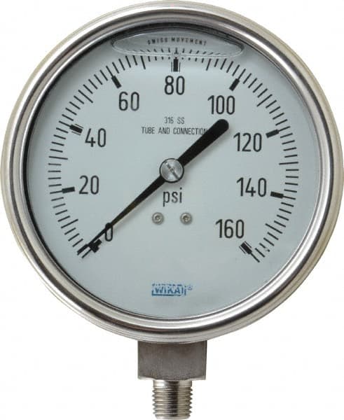 Wika - 4" Dial, 1/4 Thread, 0-160 Scale Range, Pressure Gauge - Lower Connection Mount, Accurate to 1% of Scale - Makers Industrial Supply