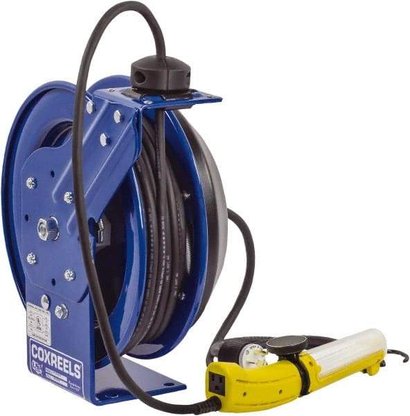 CoxReels - 16 AWG, 35' Cable Length, Cord & Cable Reel with Fluorescent Angle Light with Tool Tap Plug End - 1 Outlet, 13 Amps, 115 Volts, SJTO Cable, Blue Reel, Spring Driven Reel - Makers Industrial Supply