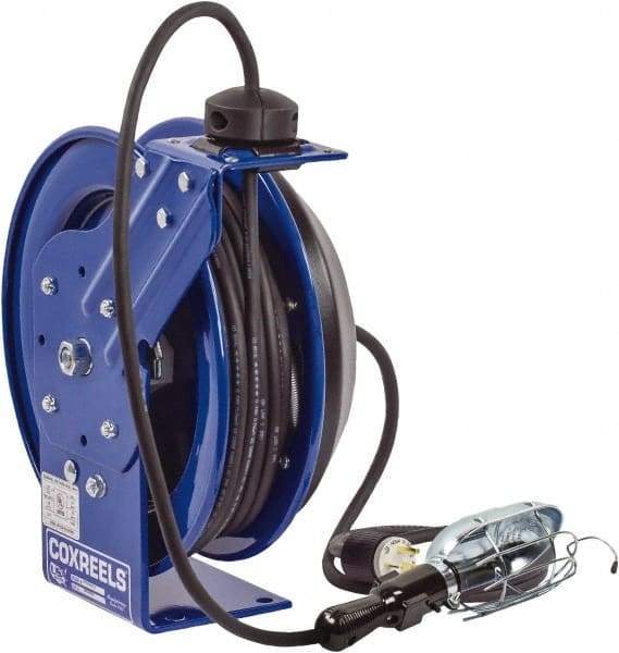 CoxReels - 16 AWG, 35' Cable Length, Cord & Cable Reel with Incandescent Hand Lamp with Tool Tap Plug End - 1 Outlet, NEMA 5-15R, 13 Amps, 115 Volts, SJTO Cable, Blue Reel, Spring Driven Reel - Makers Industrial Supply