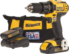 DeWALT - 20 Volt 1/2" Chuck Pistol Grip Handle Cordless Drill - 0-600 & 0-2000 RPM, Keyless Chuck, Reversible, 2 Lithium-Ion Batteries Included - Makers Industrial Supply