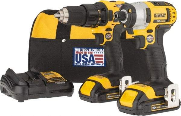 DeWALT - 9 Piece 20 Volt Cordless Tool Combination Kit - Includes 1/2" Drill/Driver & 1/4" Impact Driver, Lithium-Ion Battery Included - Makers Industrial Supply