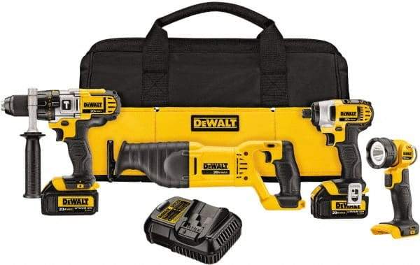 DeWALT - 10 Piece 20 Volt Cordless Tool Combination Kit - Includes 1/2" Hammerdrill, 1/4" Impact Driver & Reciprocating Saw & LED Worklight, Lithium-Ion Battery Included - Makers Industrial Supply