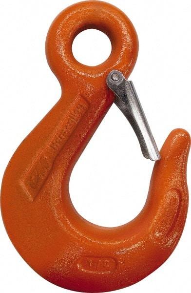 CM - Chain Grade 100, 4,300 Lbs. Load Limit Eye Sling Hook with Latch - 2-1/2 Inch Hook Throat, 4-3/4 Inch Reach, 0.63 Inch Eye Inside Diameter, 9/32 Inch Chain Diameter, 6.45 Inch Overall Length, 0.47 Inch Eye Thickness - Makers Industrial Supply