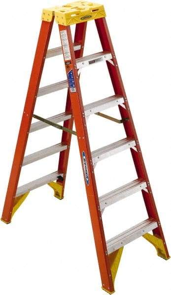 Werner - 5 Steps, 6' High, Type IA Rating, Fiberglass Step Ladder - 300 Lb Capacity, 23-3/8" Base Width - Makers Industrial Supply