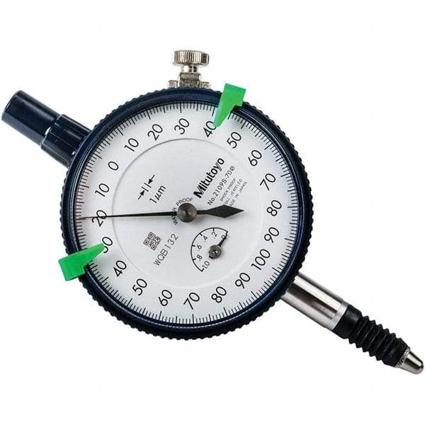 Mitutoyo - 1mm Range, 0-100-0 Dial Reading, 0.001mm Graduation Dial Drop Indicator - 57mm Dial, 0.2mm Range per Revolution, 0.005mm Accuracy, Revolution Counter - Makers Industrial Supply