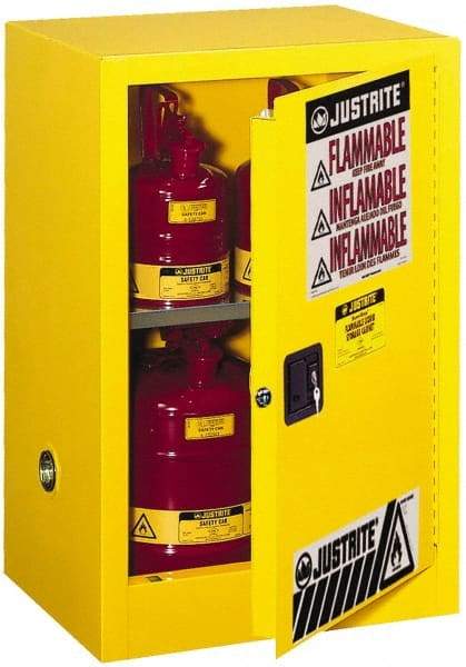 Justrite - 1 Door, 1 Shelf, Yellow Steel Space Saver Safety Cabinet for Flammable and Combustible Liquids - 35" High x 23-1/4" Wide x 18" Deep, Manual Closing Door, 12 Gal Capacity - Makers Industrial Supply