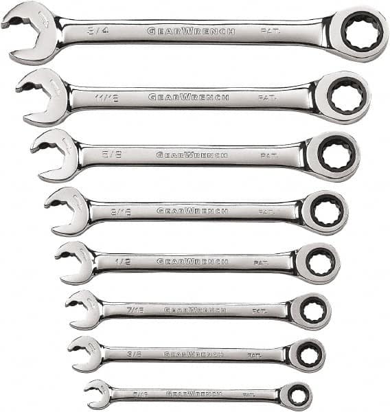 GearWrench - 8 Piece, 5/16" to 3/4", 12 Point Ratcheting Combination Wrench Set - Inch Measurement Standard, Chrome Finish - Makers Industrial Supply