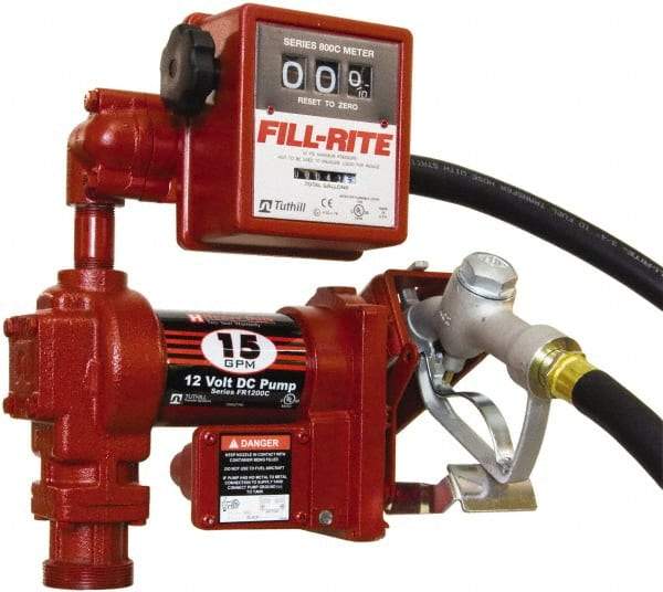 Tuthill - 15 GPM, 3/4" Hose Diam, DC Tank Pump with Manual Nozzle & 807C Meter - 1" Inlet, 3/4" Outlet, 12 Volts, 12' Hose Length, 1/4 hp - Makers Industrial Supply