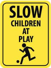 NMC - "Slow - Children at Play", "Child Playing", 18" Wide x 24" High, Aluminum Traffic Control Signs - 0.08" Thick, Black on Yellow, High Intensity Reflectivity, Rectangle, Post Mount - Makers Industrial Supply