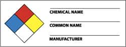 NMC - Hazardous Materials Label - Legend: Chemical Name ___ - Common Name ___ - Manufacturer ___, English, Black, Blue, Red, Yellow & White, 4" Long x 1-1/2" High, Sign Muscle Finish - Makers Industrial Supply