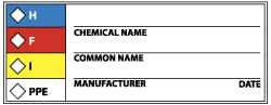 NMC - Hazardous Materials Label - Legend: H - F - I - PPE - Chemical Name ___ Common Name ___ Manufacturer ___ Date ___, English, Black, Blue, Red, Yellow & White, 4" Long x 1-1/2" High, Sign Muscle Finish - Makers Industrial Supply