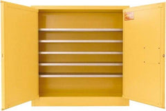 Securall Cabinets - 2 Door, 5 Shelf, Yellow Steel Wall Mount Safety Cabinet for Flammable and Combustible Liquids - 44" High x 43" Wide x 12" Deep, Manual Closing Door, 3 Point Key Lock, 24 Gal Capacity - Makers Industrial Supply